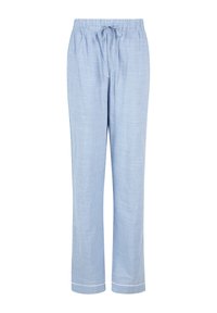 Pantalons de pyjama bleu clair avec un motif à rayures verticales, taille élastique avec cordon de serrage, et garniture blanche à l'ourlet. Finition en tissu doux.