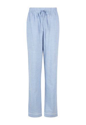 Világoskék pizsamapantaló, függőleges csíkos mintázattal, elasztikus derékrésszel és zsinórral, fehér díszítéssel az alján. Puha textúra.