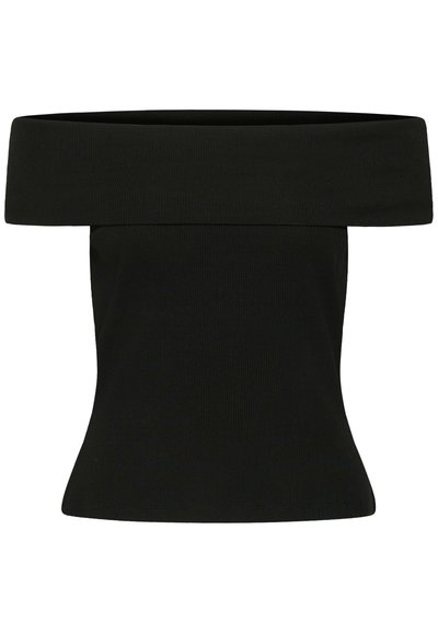 Haut noir côtelé à épaules dénudées, avec un large col plié et une taille ajustée, conçu pour une silhouette élégante.