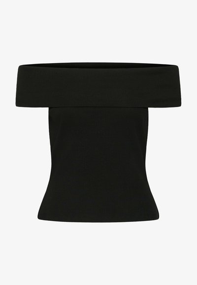 Haut noir côtelé à épaules dénudées, avec un large col plié et une taille ajustée, conçu pour une silhouette élégante.