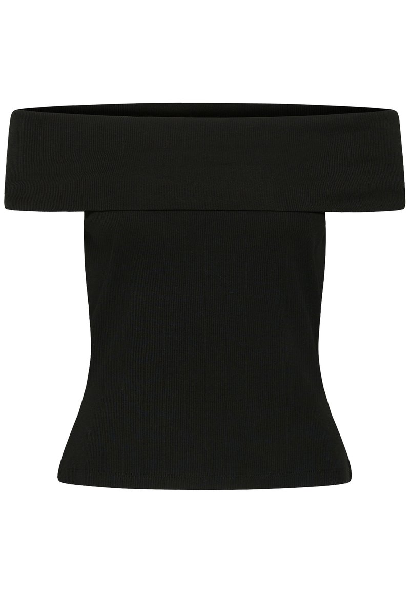 Haut noir côtelé à épaules dénudées, avec un large col plié et une taille ajustée, conçu pour une silhouette élégante.