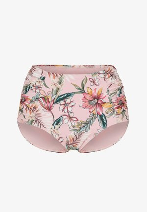 Roze zwemslip met hoge taille en een kleurrijke tropische bloemenprint, met geplooide zijkanten, ontworpen voor dameszwemkleding.
