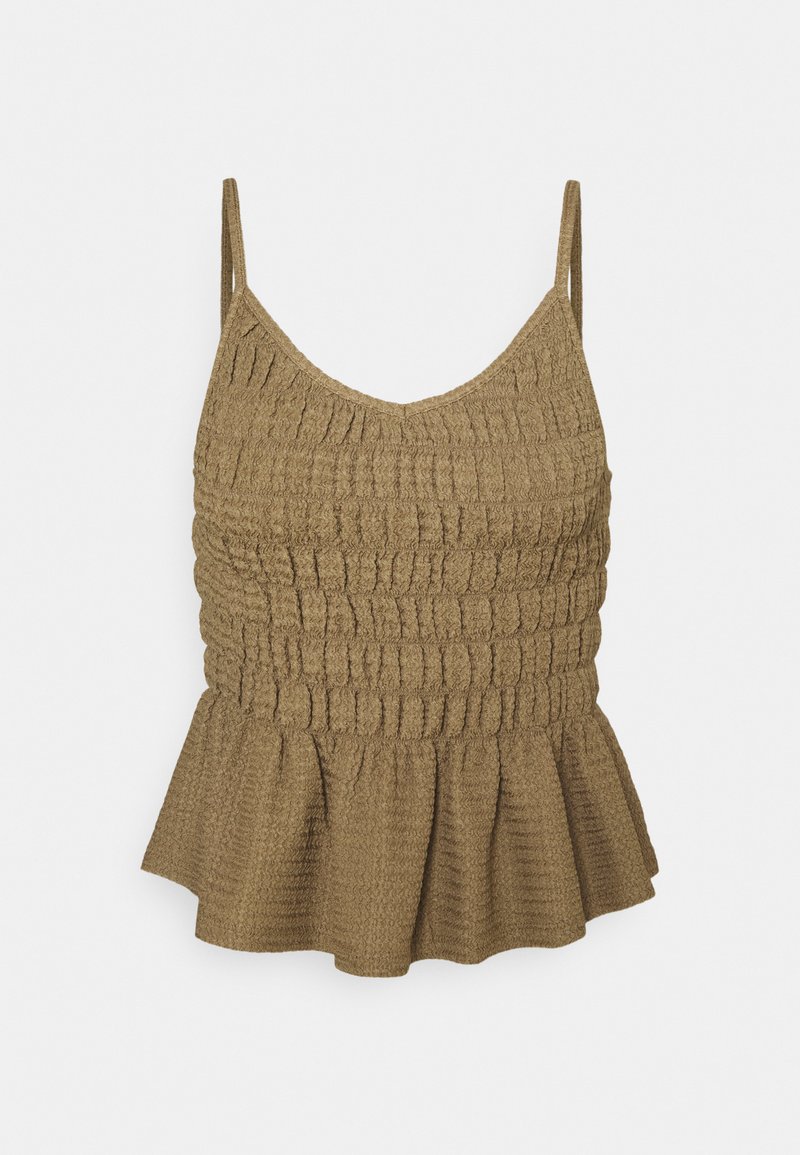 Camisola top de tecido texturizado castanho, com corpete justo e bainha peplum alargada. Apresenta alças finas e decote em V.