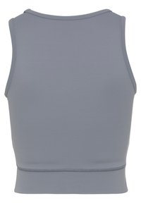 Grijze sportieve crop top van een gladde, rekbare stof. Heeft een ronde halslijn en een aansluitend ontwerp, met een nette, eenvoudige zoom.