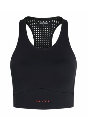 Czarny stanik sportowy i legginsy z wysokim stanem wykonane z elastycznego materiału, charakteryzujące się gładką strukturą i dyskretnymi akcentami logo w kolorze czerwonym.