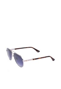 Lunettes de soleil aviateur à monture métal argenté, verres dégradés foncés et branches à motif écaille de tortue.