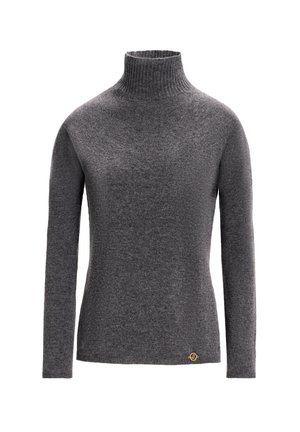 Pull gris à col roulé avec manches longues, fabriqué en tissu tricot doux. Il présente un col côtelé et une subtile accent doré en bas.