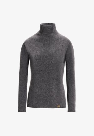 Pelēks turtlenecks džemperis ar garām piedurknēm, izgatavots no mīksta adījuma auduma. Iespējas ietver ribotu apkakli un smalku zelta akcentu apakšā.