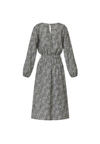 Langærmet, ankel-langen kjole i let stof med et sort og gråt leopardprint, med elastisk talje og detalje med nøglehul på ryggen.