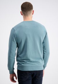 Lichtblauwe sweatshirt met lange mouwen, ribbelboorden en zoom. Gladde textuur, ronde hals en een klein rechthoekig label op de achterkant.