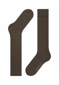 Calze di lana marroni con una trama liscia, un tallone rinforzato e un logo discreto vicino al bordo. Disponibili in una lunghezza media.