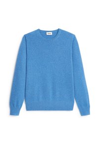 Blauer Pullover aus weichem Strickstoff. Verfügt über einen runden Halsausschnitt, lange Ärmel und gerippte Bündchen sowie Saum. Glatte Textur ohne Muster.