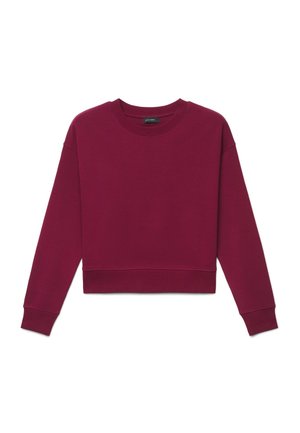 Langärmliges Sweatshirt mit Rundhalsausschnitt in einem einfarbigen Dunkelrot mit gerippten Bündchen und Saum, flach auf weißem Hintergrund dargestellt.