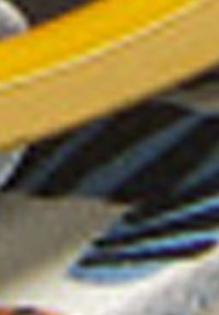 Blurred close-up of yellow and black striped fabric with visible stitching and texture details.