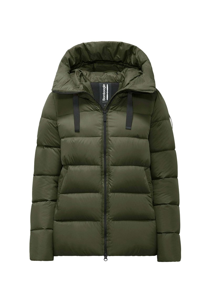 Giacca imbottita verde oliva con cappuccio, presenta una chiusura con zip, cinghie nere sulle spalle e sezioni trapuntate per l'isolamento.