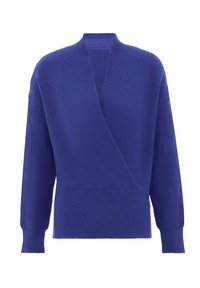 Blaues, geripptes Wickelsweatshirt mit langen Ärmeln, tiefem V-Ausschnitt und strukturierter Oberfläche; aus einem weichen, warmen Material für angenehmen Tragekomfort.