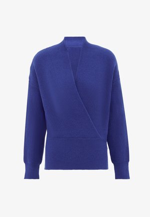 Blue ribbed wrap sweater with long sleeves, deep V-neck, and a textured finish; made from a soft, warm material for comfortable wear.