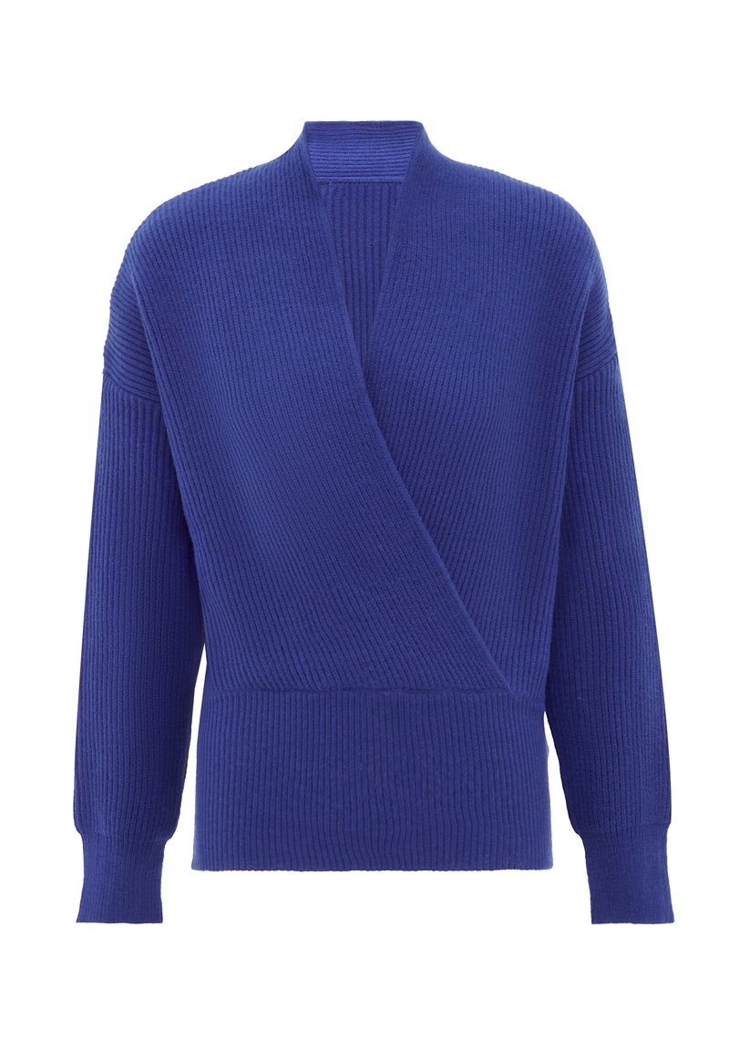 Blaues, geripptes Wickelsweatshirt mit langen Ärmeln, tiefem V-Ausschnitt und strukturierter Oberfläche; aus einem weichen, warmen Material für angenehmen Tragekomfort.