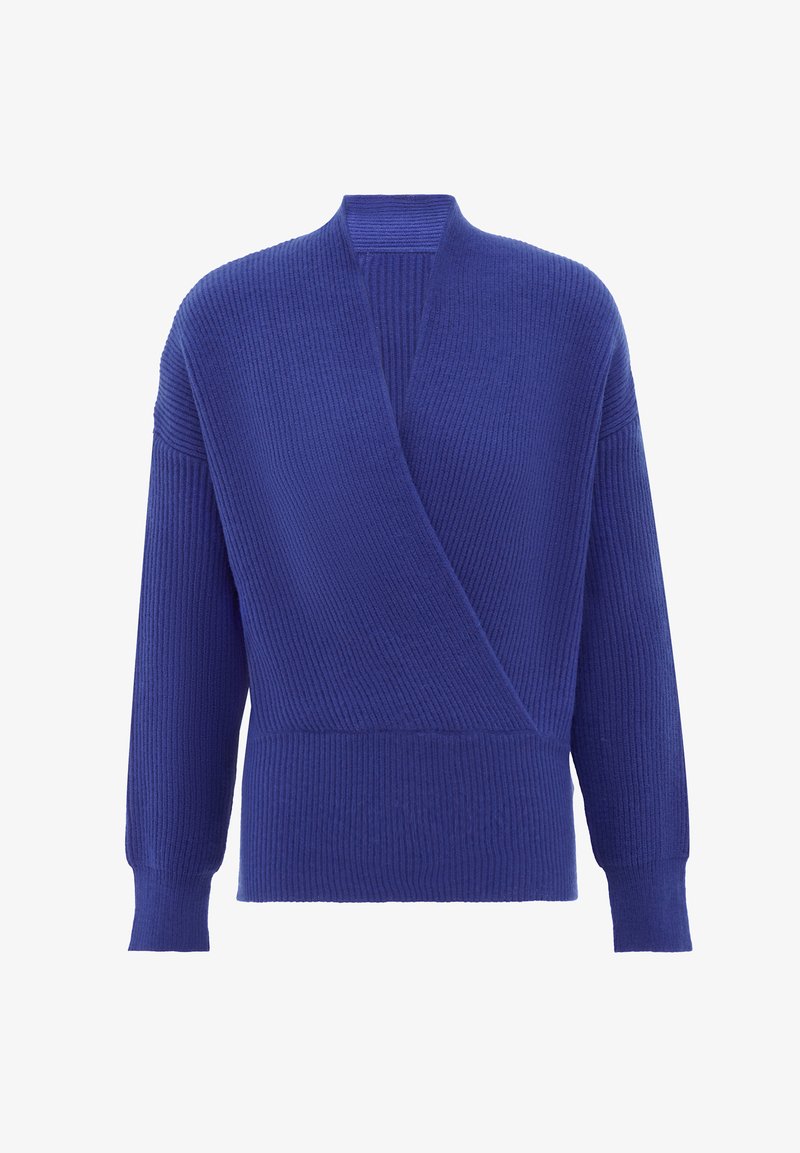 Cardigan blu ribbed con maniche lunghe, scollatura a V profonda e finitura testurizzata; realizzato in un materiale morbido e caldo per un indossamento confortevole.