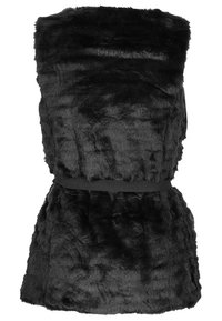 Schwarze Kunstfellweste mit weicher Textur, ärmelloses Design und einem Stoffgürtel in der Taille. Glattes und kuscheliges Aussehen.