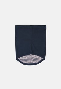 Jūras zila kakla gaiter ar gludu virsmu un sieta iekšpusi. Noapaļota apakšējā mala, bezšuvju konstrukcija, viegla auduma.
