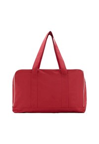 Sac de sport rouge en toile avec deux poignées, de forme rectangulaire, tissu lisse, passepoil blanc contrastant le long des bords et base résistante.