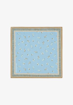Jasnoniebieska kwadratowa chusta z małymi białymi kwiatowymi grupkami i brzegiem w paski w kolorze beżowym i niebieskim.