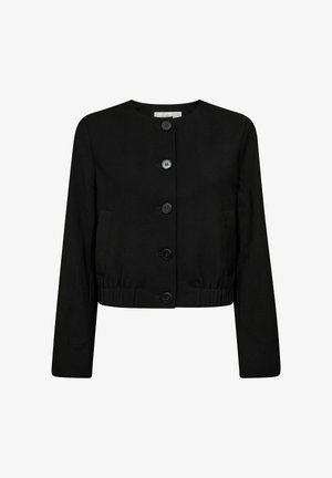 Melna apgriezta jaka no gludas auduma ar apaļu kakla izgriezumu, sešām priekšējām pogām un elastīgu vidukli ar divām sānu kabatām.