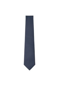 Dark navy tie with a smooth, textured fabric. Standard length and width, featuring a pointed tip and minimal detailing. Solid color.