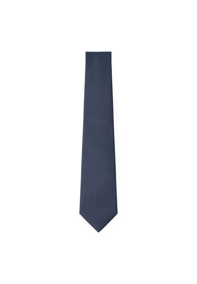 Dark navy tie with a smooth, textured fabric. Standard length and width, featuring a pointed tip and minimal detailing. Solid color.
