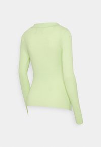 Sweater canelado de mangas longas em verde claro, com um colarinho largo e silhueta ajustada. Textura suave, detalhes mínimos e costura subtil.