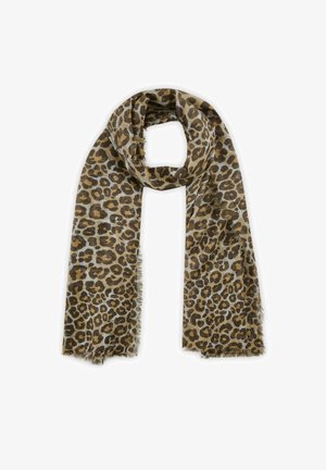 Sjaal met luipaardprint, gemaakt van lichte stof. Aardse tinten met franjes, met een zachte textuur en een vloeiende uitstraling.