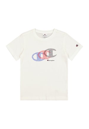 Witte katoenen t-shirt met een meerkleurig "Champion" logo in rood, blauw en zwart. Korte mouwen en ronde hals.