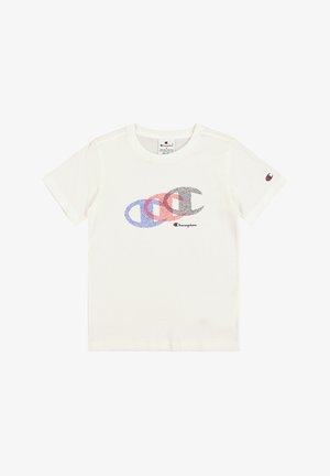 Weißes Baumwoll-T-Shirt mit mehrfarbigem "Champion"-Logo in Rot, Blau und Schwarz. Kurze Ärmel und runder Halsausschnitt.
