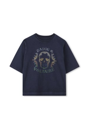 T-shirt en coton bleu marine avec col rond et manches courtes, présentant un design de crâne graphique embelli de clous colorés et de texte.