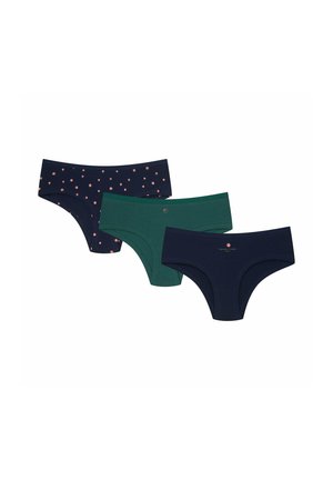 Three pairs of women's underwear: one dark blue with pink dots, one solid dark green, and another solid dark blue. Cotton material, seamless design.