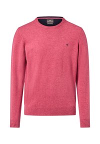 Czerwony sweter z dzianiny, z okrągłym dekoltem, długimi rękawami i �ściągaczami. Ma subtelne haftowane logo na piersi. Teksturowany materiał.
