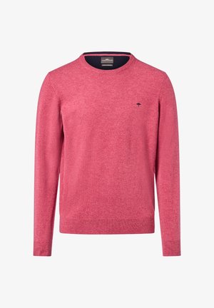 Red knit sweater with a crew neck, long sleeves, and ribbed cuffs. Features a subtle logo embroidery on the chest. Textured fabric.
