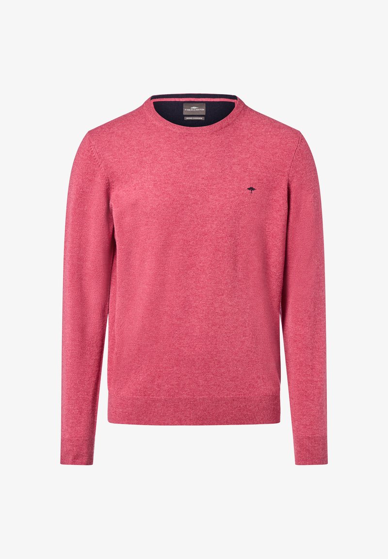 Czerwony sweter z dzianiny, z okrągłym dekoltem, długimi rękawami i ściągaczami. Ma subtelne haftowane logo na piersi. Teksturowany materiał.