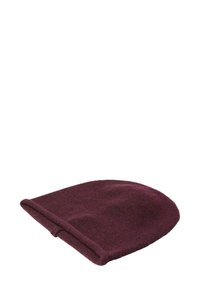 Bordeaux fleece hue med en blød tekstur og ombuk, der har en afrundet top og et minimalistisk design.