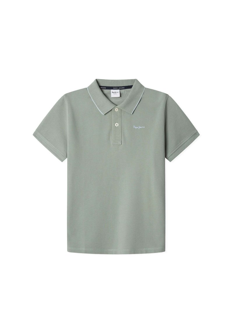 Polo shirt verde chiaro realizzato in tessuto testa di moro, con colletto classico, tre bottoni e un piccolo logo ricamato sul petto.