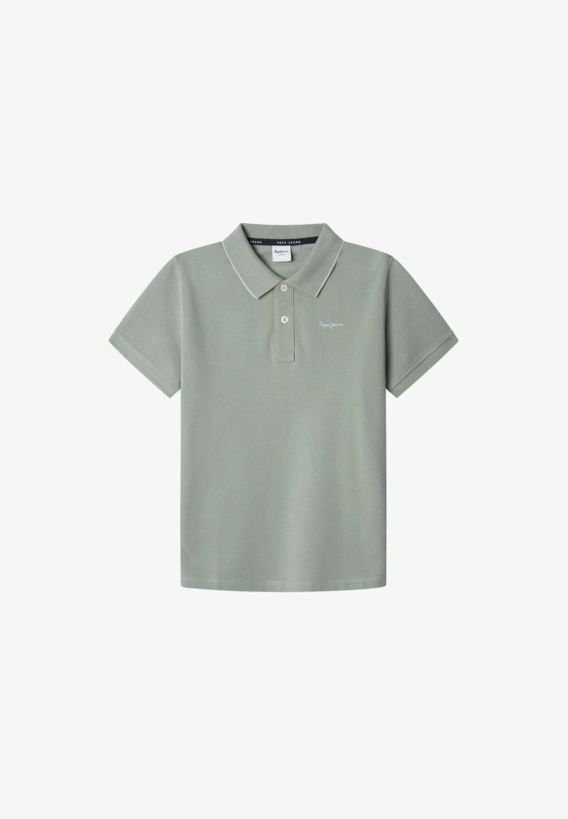 Heled roheline polo särk, mis on valmistatud tekstureeritud kangast, klassikalise krae, kolme nupuga ja väikese tikandiga logoga rinnal.