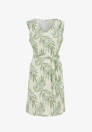 Robe sans manches à encolure en V, longueur genoux, avec motif feuilles vertes sur fond clair et ceinture en tissu assortie nouée à la taille.