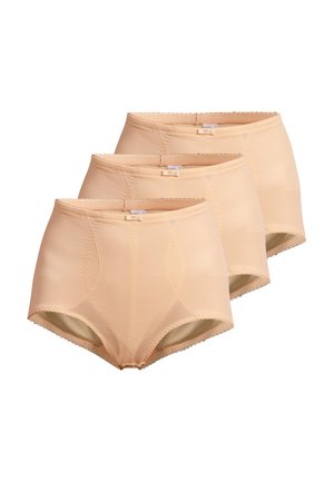 Drei beige Damen-Slips mit hoher Taille, Spitzenbesatz und kleinen Schleifen vorne, diagonal gestapelt vor weißem Hintergrund.