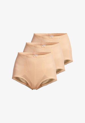 Drei beige Damen-Slips mit hoher Taille, Spitzenbesatz und kleinen Schleifen vorne, diagonal gestapelt vor weißem Hintergrund.