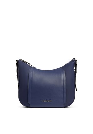 Donkerblauwe leren schoudertas met een gladde textuur, afgeronde onderhoeken en een zilveren ritssluiting aan de bovenkant.