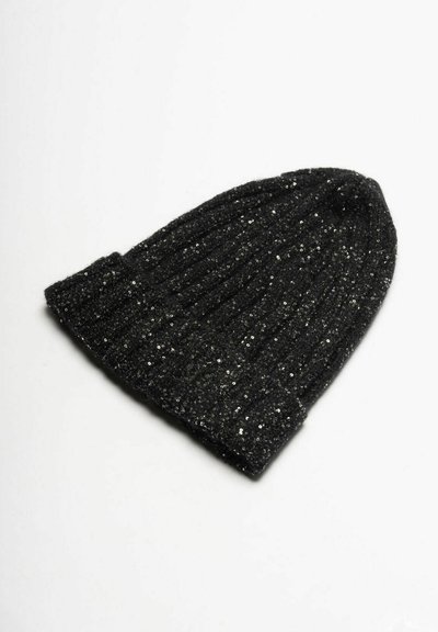 Black knitted beanie hat with small shiny sequins, laid flat on a plain white surface.