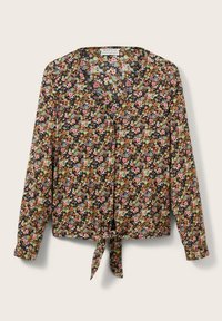 Blusa floreale a maniche lunghe con scollatura a V, caratterizzata da fiori multicolori su uno sfondo nero, legata in vita con un fiocco.