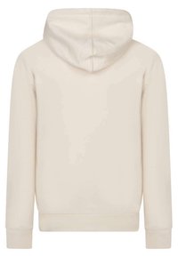 Hoodie beige clair avec capuche à cordon, manches longues, et poignets et ourlet côtelés. Tissu doux et design simple sans fermetures visibles.