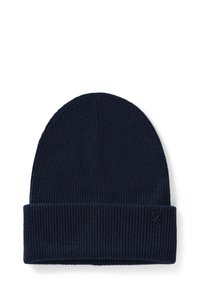 Navy modrý žebrovaný pletený čepic s ohrnutým lemem a malým logem. Měkká textura, zaoblená koruna a bezšvový design.
